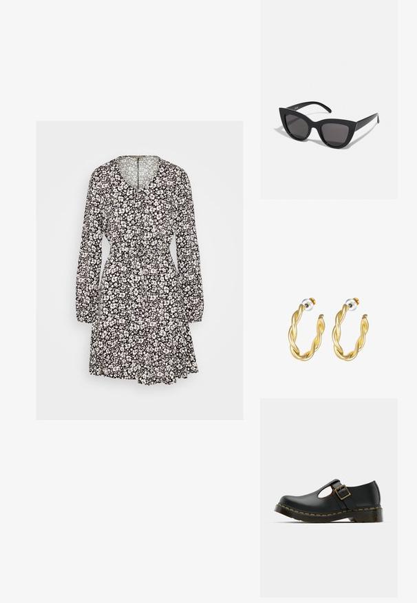 Anna Field by Zalando Denné šaty - black/white; Čierna kožená topánka s okrúhlou špičkou, remienkom okolo členka a prackou, nízkym podpätkom a žltým prešitím pozdĺž podrážky. Hladký povrch po celom obvode.; Čierne slnečné okuliare v štýle mačacích očí s matným povrchom, so šedými tónovanými sklami, ostrými hranami a elegantnými bokovými ramenami. Názov značky je viditeľný na vnútornom ramene.; Zlaté skrútené náušnice s hladkým povrchom, ktoré majú priehľadný podklad a zlatý hardware.