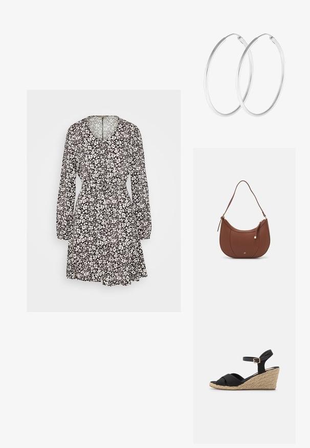 Anna Field by Zalando Robe de jour - black/white; Sandales noires à talon compensé avec des brides en tissu croisées et une sangle de cheville réglable. Talon compensé texturé comme de la jute avec une conception à bout arrondi.; Sac à épaule en faux cuir brun, de forme arrondie, avec des coutures minimales et un accent en matériel doré. Il possède une fermeture zippée sur le dessus et une sangle réglable.; Boucles d'oreilles en argent, de forme ronde lisse et finition polie. Les deux boucles d'oreilles sont de la même taille et disposent d'un mécanisme de fermeture sécurisé.