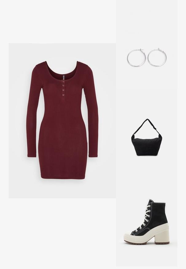 Pieces PCKITTI DRESS - Džersejové šaty - tawny port; Čierna vysoká obuv s bielymi šnúrkami, textilný materiál, smotanová platformová podrážka a blocová päta. Obsahuje biele švy a gumový špičkový kryt.; Čierna textilná ramenná taška s mäkkým štruktúrovaným povrchom, zaobleným tvarom a jedným popruhom. Minimalistický dizajn bez viditeľného hardvéru alebo akcentov.; sweet deluxe EARRING - Náušnice - silver-coloured