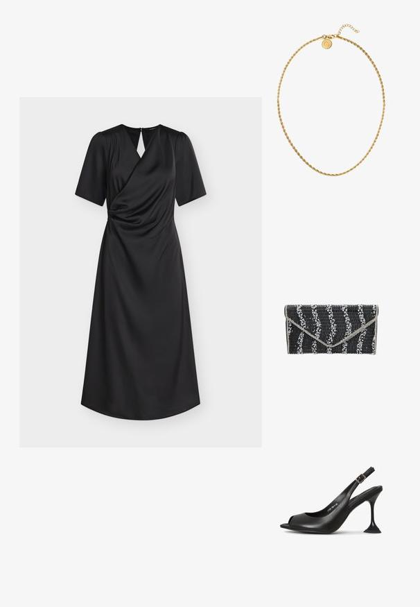 Sort midi-kjole med korte ærmer, omslags-strop, let rynkning ved taljen og nøglehul på bagsiden med knaplukning.; Sort læder slingback hæl med åben tå, spids form, smal hæl der udvider sig, og en firkantet base. Tekstureret overflade og spænde detaljer.; Sort clutch med tekstureret overflade, der har bølge mønstre, pyntet med hvide rhinsten langs designet. Sølv hardware detajler.; Gul snoet kædethalskæde med en rund lås, der har en dekorativ skive. Justerbar længde med en kædeforlænger for fleksibilitet i pasformen.