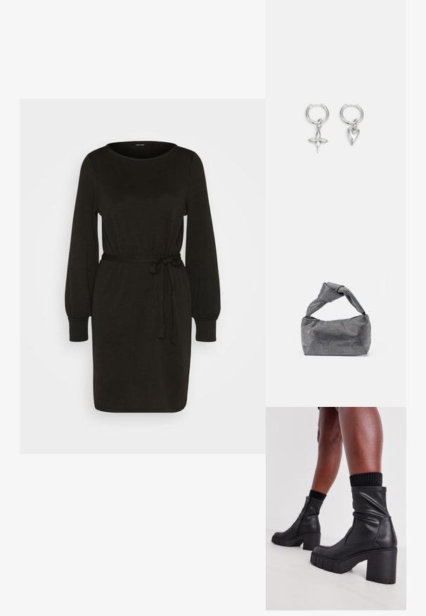 Zwarte ribbeljurk met lange mouwen, ronde hals en een strikceintuur in de taille. Zachte textuur, knielang, aansluitende silhouette.; Zwarte leren enkelboots met een slouch-ontwerp, chunky hoge hak en een gestructureerde rubberen zool. Voorzien van een ritssluiting aan de zijkant.; Zwarte en zilveren handtas met een gestructureerd oppervlak dat een diamanten patroon vertoont, een geknoopt handvat en een gestructureerde vorm.; Zilveren ringoorbellen met een kruis- en hartbedel. Glad, glanzend oppervlak met een gepolijste afwerking. Elke bedel hangt aan een veilige lus.