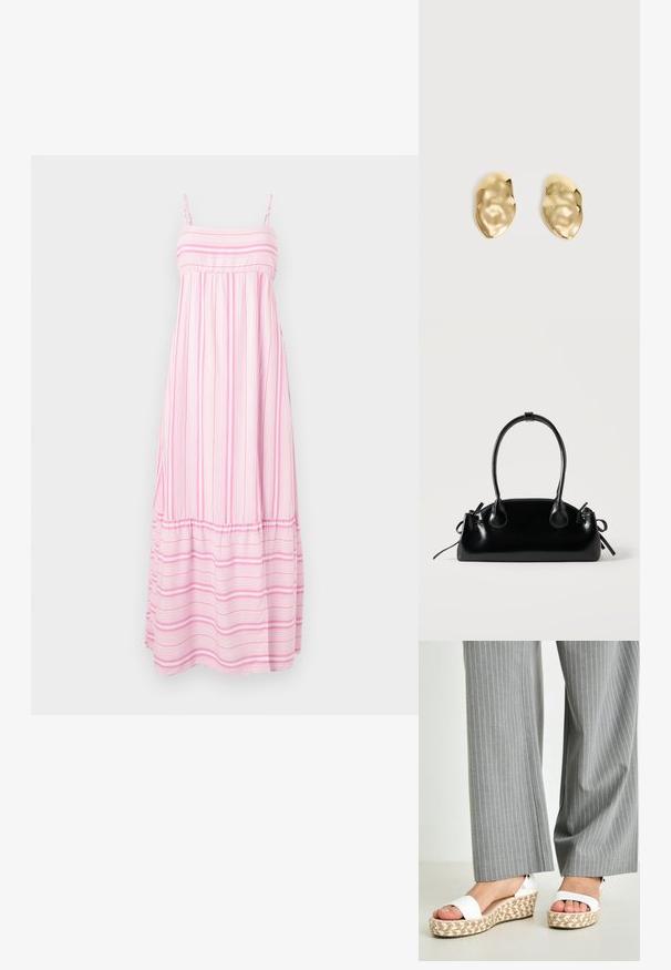 Hollister Co. BABYDOLL MAXI - Maxi šaty - light pink/white; Biele wedges sandále s tkanou espadrilovou podrážkou, s hladkým horným popruhom a jemným kovovým detailom na päte. Viditeľné šedé prúžkované nohavice.; Malá čierna lesklá kabelka s dvoma dlhými rúčkami a bočnými šnúrkovými detailmi na jednoduchom svetlom pozadí.; Pár lesklých, nepravidelne tvarovaných zlatých kovových náušníc s pokrčeným, hladkým povrchom na jednoduchom svetlom pozadí.