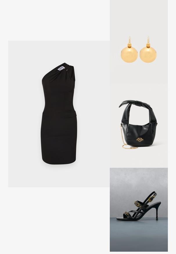 Robe noire à épaule unique en tissu extensible, avec des détails drapés, une silhouette ajustée et une fermeture éclair sur le côté.; Sandale noire à talons hauts avec des ornements en clous dorés et une boucle décorative en or, présentée au-dessus d'une surface extérieure carrelée avec des plantes en arrière-plan.; Sac à main Love Moschino en cuir noir souple avec poignée nouée et bandoulière chaîne dorée sur fond blanc.; Paire de boucles d'oreilles boule de Noël dorées brillantes avec fermoirs à crochet sur fond blanc uni.