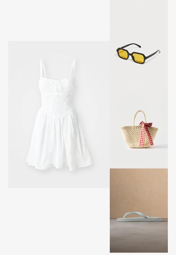 Vestido blanco con tirantes de espagueti ajustables, un corsé ajustado y una falda acampanada. Presenta bordados en forma de ojal y un detalle de cuerda en el escote.; Sandalia tipo chancla de goma beige claro con plantilla texturizada y correa en forma de Y sobre un fondo gris liso.; Gafas de sol negras rectangulares con lentes amarillos. Presentan montura gruesa y un diseño angular con un acabado liso y brillante.; Bolso tote de paja tejido con asas trenzadas y un lazo de cinta a cuadros rojos y blancos atado a un lado.