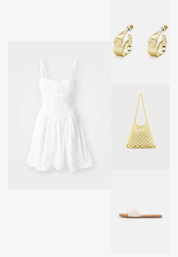 Vestido blanco con tirantes de espagueti ajustables, un corsé ajustado y una falda acampanada. Presenta bordados en forma de ojal y un detalle de cuerda en el escote.; Sandalia deslizante blanca tejida con textura trenzada y cuentas decorativas, que cuenta con una plantilla suave en tono marrón y suela plana de goma.; Bolso de red de macramé amarillo con correa larga y bolsa beige en su interior, mostrado sobre un fondo blanco liso.; Pendientes en tono dorado con forma de manos abstractas, que presentan una superficie brillante, detalles intrincados y un poste de plata y oro para un ajuste seguro.