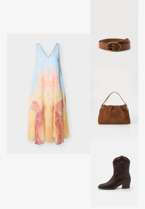 Ärmelloses Maxi-Kleid mit V-Ausschnitt, Verlauf in Blau, Pfirsich und Gelb sowie abstraktem Blumenmuster auf leichtem Stoff.; Braune Leder-Cowboy-Stiefel mit spitzen Zehen, geprägten Flügelmotiven, einem mittelhohen Blockabsatz und einer Zuglasche auf der Rückseite.; Braune Wildlederhandtasche mit einem gerafften Design, ausgestattet mit einem einzelnen hellbraunen Ledertragegurt und einem subtilen goldenen Logo-Detail auf der Vorderseite.; Brauner Ledergürtel mit einer ovalen Messingschnalle, auf einem schlichten weißen Hintergrund präsentiert.