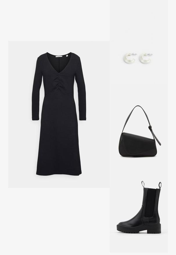 Esprit BUBBLE DRESS - Päevakleit - black; Mustad mustan värvi talvesaapad siledast nahast, elastsete külgpaneelide, tõmbenööride ja paksu, tekstureeritud taldaga, mis tagab parema haardumise.; Mustmust värvi nahk-käekott, kolmnurkse kujuga, kaldega klapp ja ümar pehandle. Omab siledat tekstuuri ja minimalistikku kujundust.; Hõbedatooni kõrvarõngad keerduva rõngakujuga, millel on tekstuuriga pind ja soonikute detailid, mis on kinnitatud postiklapiga.