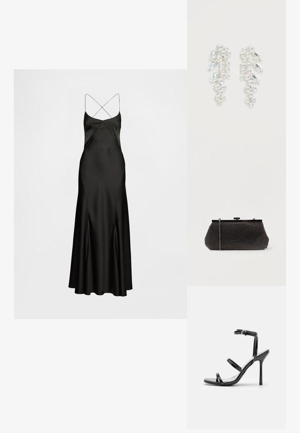 Robe nuisette en satin noir avec fines bretelles croisées, silhouette en A, et texture lisse et fluide. Design longue jusqu'au sol.; Sandales à talons hauts en cuir verni noir avec trois sangles horizontales et une sangle de cheville ajustable. Silhouette élégante et finition brillante.; Pochette noire en mesh avec une silhouette structurée, ornée de petits clous métalliques, dotée d'une fermeture à clip et d'une bandoulière en chaîne détachable.; Paire de boucles d’oreilles ton argent avec cristaux clairs taillés en grappes, en formes rondes et marquise sur fond blanc.
