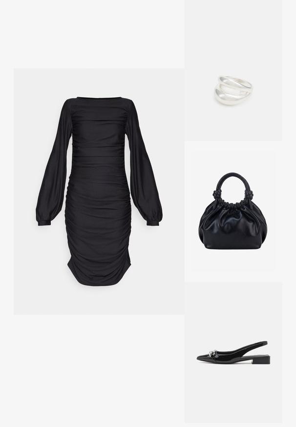 Gestuz RIFA DRESS - Jerseyjurk - black; Zwarte slingback schoen van lakleer met een spits toelopende neus, lage blokhak en zilverkleurige hardware aan de voorkant.; Zwarte zachte leren handtas met geplooide bovenkant en twee dikke handvatten die in knopen zijn gestrikt tegen een effen lichte achtergrond.; Zilveren dubbele ring met een gladde, gepolijste oppervlakte. Heeft een vloeiende, gebogen vorm met overlappende secties voor een moderne uitstraling.