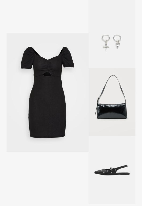 Sorte bodycon kjole med puffærmer, rynket forside og udsparing under brystet. Lavet af struktureret, strækbart stof.; Sort slingback-sko med spids tå, glat materiale, sølvøje-tilbehør og en spænde-rem. Flad sål med minimal mønster.; Sort rektangulær skuldertaske med en enkelt justerbar rem og lynlås i toppen på en ensfarvet baggrund.; Sølv hoop øreringe med et kors og hjerte charm. Glat, skinnende tekstur med en poleret finish. Hver charm hænger fra en sikker løkke.