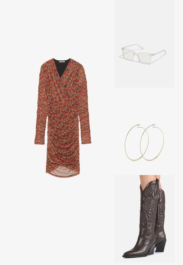 Anna Field by Zalando Šaty do práce - black/red/orange; Tmavohnedé kožené kovbojské čižmy po kolená so špicatými špičkami, dekoratívnym prešitím a šikmými blokovými podpätkami nosené osobou.; Priehľadné plastové okuliare s námestovými rámami a priehľadnými šošovkami, s kultivovanými zlatými akcentmi na spánkoch pre zvýraznenie detailov.; Pilgrim Náušnice - gold-coloured