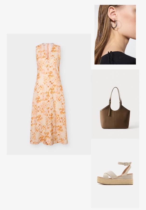 Robe sans manches, longueur genou, avec col en V, base beige clair et motif floral orange, présentée sur un fond uni gris clair.; Sandales plateforme espadrilles beiges avec une tige en textile tissé, des sangles croisées, une boucle à la cheville et une semelle en jute texturé.; Sac cabas en cuir marron avec bandoulière ajustable et boucle dorée, texture lisse, présenté sur fond blanc uni.; Boucle d'oreille en argent avec une finition polie, présentant de petits détails en or et de forme ronde, portée sur le lobe.