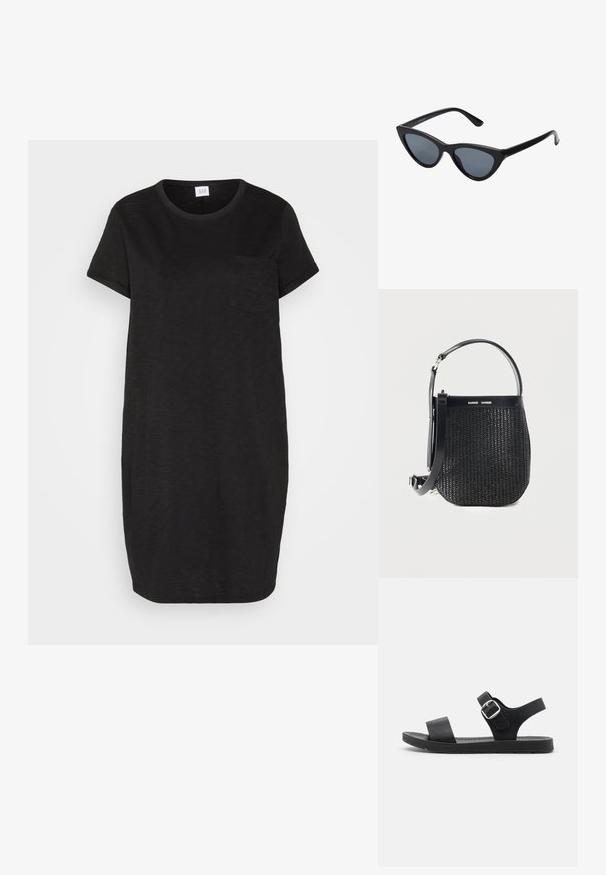 Vestido negro de manga corta con escote redondo, corte relajado y un pequeño bolsillo en el pecho. Fabricado en un tejido ligero y texturizado.; Sandalia negra con suela plana, hebilla ajustable, dos correas anchas y textura suave, diseñada para la comodidad y facilidad de uso.; Gafas de sol negras en forma de ojo de gato con lentes gris oscuro, marco de plástico elegante, esquinas puntiagudas y patillas rectas. Sin herrajes ni acentos visibles.; Bolso tejido negro con base redondeada, ribete de cuero, correa de hombro ajustable y logo de la marca Samsøe Samsøe en la banda superior.