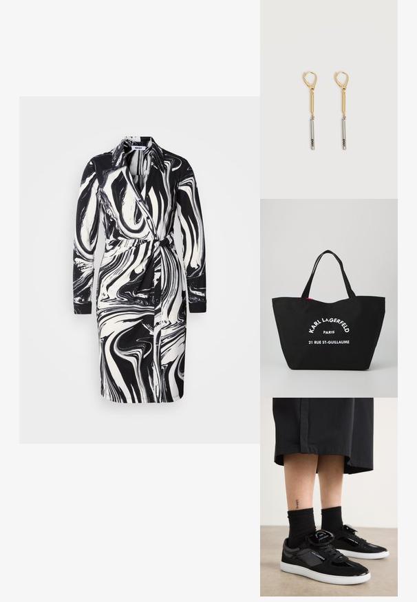 Schwarz-weiß marmoriertes Wickelkleid mit langen Ärmeln, einem Reverskragen, Taillengürtel und geknöpften Manschetten. Glatte Stoffstruktur.; Schwarze Sneaker aus Wildleder und lackiertem Leder, mit einer weißen Sohle, Schnürdesign und einem logobearbeiteten Zungenakzent.; Schwarze Baumwoll-Tasche mit doppelten Griffen, die auf der Vorderseite das weiße Text-Logo "KARL LAGERFELD PARIS" und "21 RUE ST-GUILLAUME" zeigt.; Gold- und Silber-Tropfenohrringe mit Klappverschluss, bestehend aus einer Goldstange, die mit einer Silberstange verbunden ist, auf der "DKNY" eingraviert ist, vor weißem Hintergrund.
