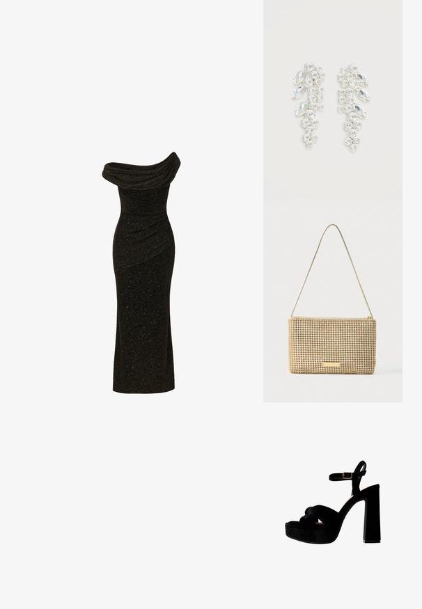 Robe de soirée noire, décolletée épaule dénudée avec encolure drapée et texture subtilement scintillante, silhouette ajustée s'étendant jusqu'à mi-mollet.; Sandales à plateforme noires avec un talon épais, en daim, avec un design avant noué et une lanière de cheville ajustable avec une boucle en métal.; Pochette dorée de forme rectangulaire, recouverte de strass argentés brillants. Dotée d'une fine bandoulière métallique et d'une fermeture éclair.; Paire de boucles d’oreilles ton argent avec cristaux clairs taillés en grappes, en formes rondes et marquise sur fond blanc.