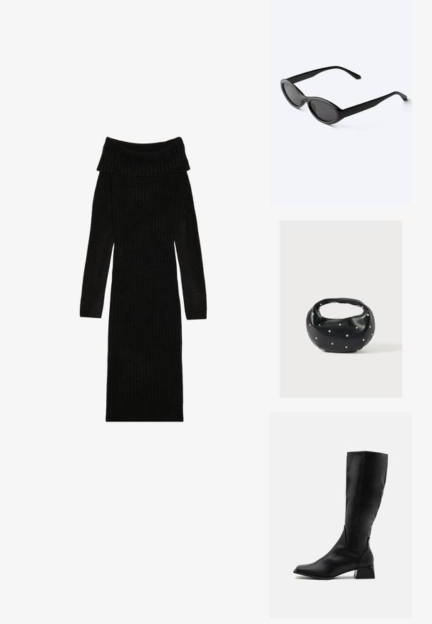 Μαύρο ριμπ πλεκτό φόρεμα με σχέδιο off-the-shoulder, μακριά μανίκια και εφαρμοστή σιλουέτα. Ο υφασμάτινος συνδυασμός προσθέτει βάθος στο σχέδιο.; Μαύρες μπότες μέχρι το γόνατο, κατασκευασμένες από λείο δέρμα, με στρογγυλή μύτη, μέτριο τακούνι και κομψό, εφαρμοστό σχέδιο χωρίς διακοσμήσεις.; Κομψά μαύρα οβάλ γυαλιά ηλίου με σκούρους φακούς και ίσια μπράτσα, που ξεκουράζονται σε λευκή επιφάνεια.; Μαύρη δερμάτινη τσάντα χειρός με στρογγυλεμένο σχήμα, διακοσμημένη με ασημένιες λεπτομέρειες με καρφιά και κοντή λαβή. Λείο υλικό και κλείσιμο με φερμουάρ.