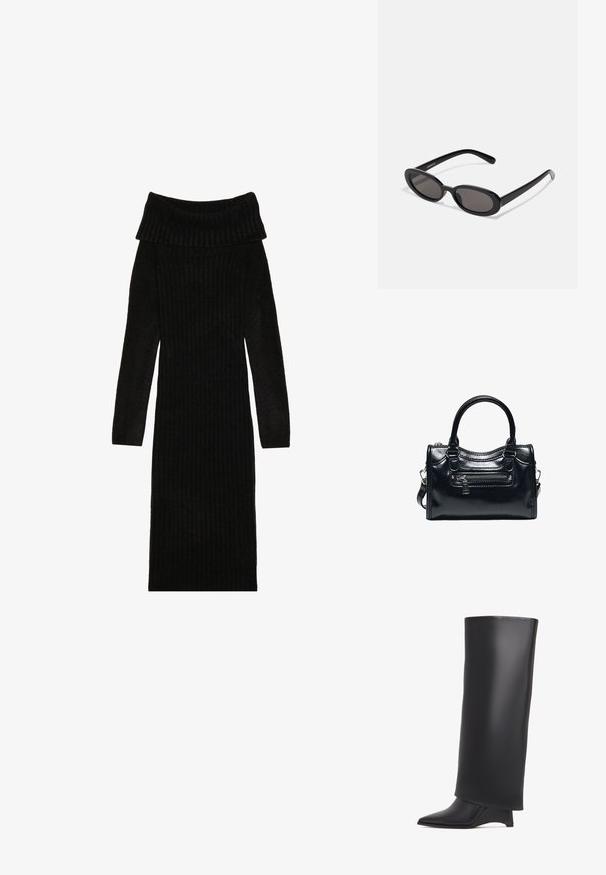 Sort ribbet strik kjole med off-the-shoulder design, lange ærmer og figursyet silhuet. Den teksturerede stof tilføjer dybde til designet.; Sort knælang støvle lavet af glat læder, med spids tå og trekantet hæl. Designet med en strømlinet, glat overdel.; Even&Odd Solbriller - black; Sort skinnende læderhåndtaske med to håndtag, lynlåslomme foran og aftagelig skulderrem på hvid baggrund.
