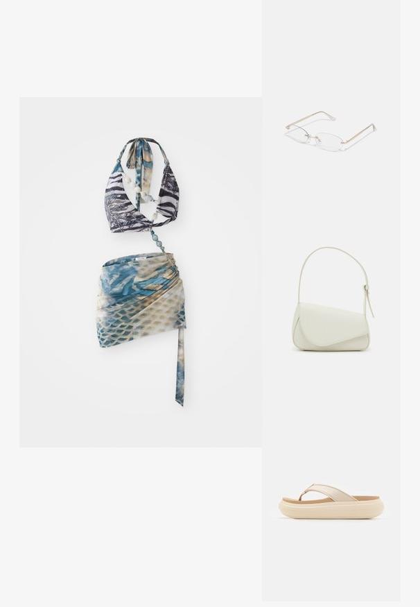 Top de bikini con diseño de cuello halter en un estampado de cebra blanco y negro, acompañado de una falda envolvente de patrón azul y beige.; Chancla beige con una amplia correa en los dedos y una suela gruesa y redondeada. Presenta un material superior suave y una plantilla en color marrón que contrasta.; Gafas de metal dorado con lentes ovalados, brazos delgados y almohadillas nasales transparentes. Presentan sutiles acentos en las bisagras y lentes transparentes.; Bolso de mano de imitación cuero blanco con una forma triangular estructurada, correa ajustable única y cierre con solapa acentuada en curva.