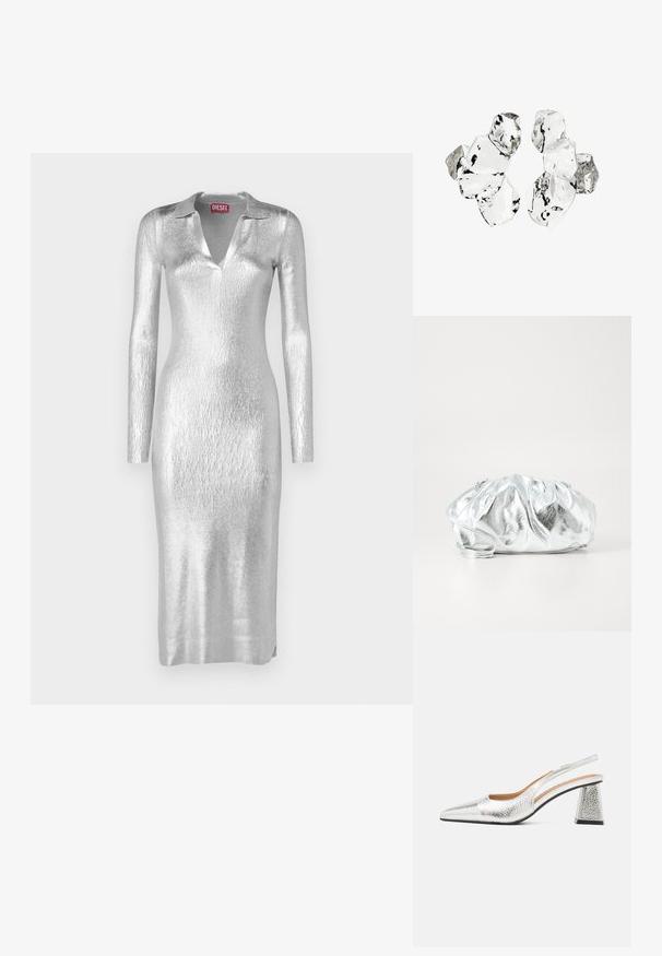 Sølvmetallic kjole med krave, lange ærmer og en tætsiddende silhuet. Stoffet har en struktureret, glitrende overflade.; Sølv slingback stiletto med spids tå, teksturelt metallic finish og en triangulær blokhæle. Indersiden har brune læderdetaljer.; Metallisk sølv clutch taske med en blød, samlet krop og en tynd skulderrem. Har en glat, skinnende overflade og rund form.; Klynge af seks uregelmæssigt formede, gennemsigtige og reflekterende glaslignende stykker arrangeret på en hvid baggrund.