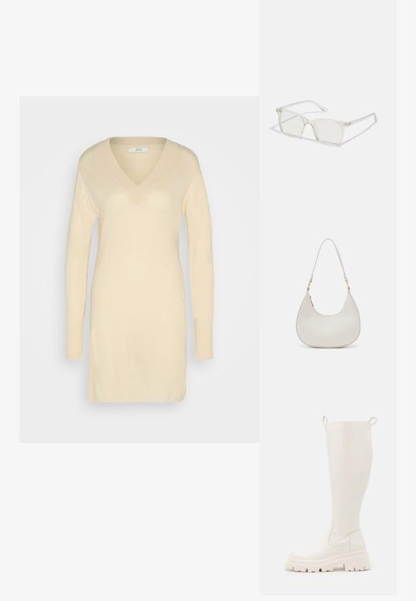 Robe pull en crème à manches longues et décolleté en V. Texture douce, détails côtelés au niveau de l'encolure et des poignets, design à hauteur du genou.; Bottes en caoutchouc blanches jusqu'aux genoux avec une semelle épaisse et des panneaux élastiques sur les côtés. Elles sont dotées de languettes en haut pour un enfilage facile. Texture lisse.; Lunettes carrées en plastique transparent avec des verres translucides, dotées d'accents dorés sur les branches pour plus de détails.; Sac épaule en cuir crème en forme de croissant, avec une fine sangle et des détails de coutures subtils. Design minimaliste avec des accents en métal doré.
