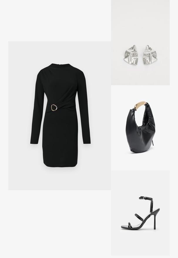 Vestido negro de manga larga con diseño de cintura retorcida y acento de anillo dorado. Confeccionado en un tejido suave con textura mínima. Cuello alto sencillo.; Sandalias de tacón alto de charol negro con tres tiras horizontales y una correa en el tobillo ajustable. Silueta elegante y acabado brillante.; Bolso de mano de imitación cuero negro con una silueta curva. Presenta un asa de tono dorado brillante y una textura fruncida a lo largo de la apertura superior.; Pendientes de metal plateado con un diseño ondulado y escultórico, que presentan un acabado pulido y formas irregulares, destacando una estética contemporánea.