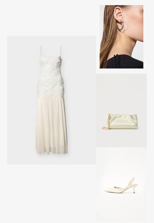 Robe maxi blanche sans manches avec corsage texturé floral et jupe fluide en chiffon sur un fond uni.; Escarpin à bout pointu avec bride arrière en matériau lisse blanc cassé à légère brillance, doté d'un talon fin et d'un design minimaliste.; Pochette en satin vert clair avec une bandoulière chaîne en or et cristaux, forme rectangulaire avec des plis doux sur un fond uni.; Boucle d'oreille en argent avec une finition polie, présentant de petits détails en or et de forme ronde, portée sur le lobe.