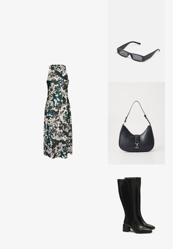 Gestuz GZCERI - Robe de jour - green ox; Bottes en cuir noires montant jusqu'aux genoux, avec un bout pointu et un large talon bloc. Texture lisse, couture minimaliste, et détail de fermeture éclair simple.; Lunettes de soleil noires rectangulaires avec des verres foncés et des montures en mat épais. Les branches sont légèrement effilées avec une texture lisse.; Pieces PCLIKA SHOULDER BAG - Sac à main - black