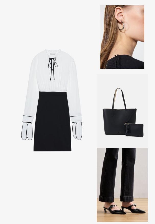 Blouse blanche avec un col froncé et un cordon de serrage ; jupe noire ajustée avec des passepoils blancs contrastants sur les manches. Texture de tissu lisse.; Mules noires à bout pointu avec un petit talon et une bride réglable à boucle. Matière en cuir lisse avec une finition brillante.; Sac fourre-tout noir avec un matériau texturé, deux longues anses et une pochette zippée amovible avec un détail de pompon. Logo de la marque en orvisible.; Boucle d'oreille en argent avec une finition polie, présentant de petits détails en or et de forme ronde, portée sur le lobe.