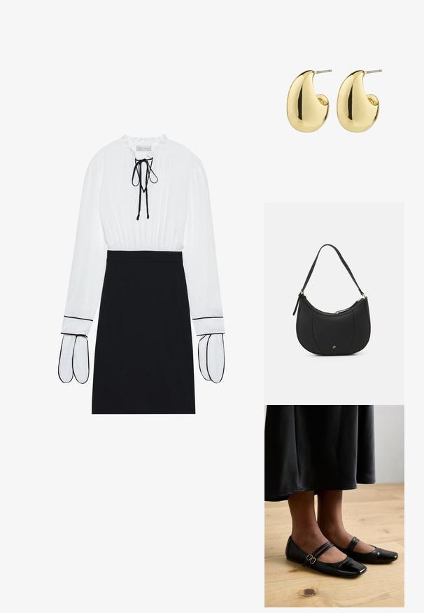 Witte blouse met een geplooide halslijn en trekkoord; zwarte fitted rok met contrasterende witte bies op de mouwen. Glad stoftextuur.; Zwarte gepatineerde leren ballerina's met een vierkante neus, voorzien van twee banden met gespen. De zolen zijn plat op een lichte houten vloer.; Zwarte leren handtas met een gebogen vorm, textuuroppervlak, voornaden en een logo in goudkleur. Beschikt over een enkele verstelbare schouderband.; Gouden studs met een gladde, gepolijste afwerking, in een abstracte, druppelvorm. Eenvoudige metalen achterzijde voor bevestiging.