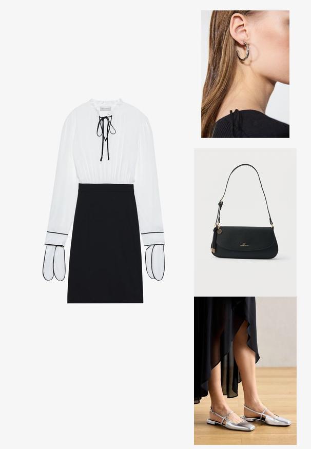 Blusa blanca con escote fruncido y cordón; falda negra ajustada con ribetes blancos en las mangas. Textura de tejido suave.; Zapatos planos metálicos plateados con diseño de punta cuadrada, tira trasera y acentos recortados. Textura suave sobre un suelo de madera.; Bolso de hombro de cuero negro con correa ajustable, logo dorado y charm de borla, diseño elegante con solapa curvada.; Pendiente de aro de plata con un acabado pulido, que presenta pequeños detalles en dorado y una forma redonda, llevado en el lóbulo.