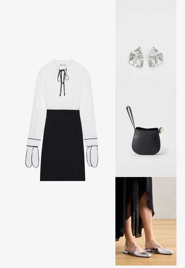 Blouse blanche avec un col froncé et un cordon de serrage ; jupe noire ajustée avec des passepoils blancs contrastants sur les manches. Texture de tissu lisse.; Chaussures plates métalliques argentées avec un design à bout carré, une lanière arrière et des accents découpés. Texture lisse sur un sol en bois.; Pochette en cuir noir pour poignet avec base arrondie et fermoir argenté sur fond blanc uni.; Boucles d'oreilles en métal argenté avec un design ondulé et sculptural, présentant une finition polie et des formes irrégulières, mettant en valeur une esthétique contemporaine.