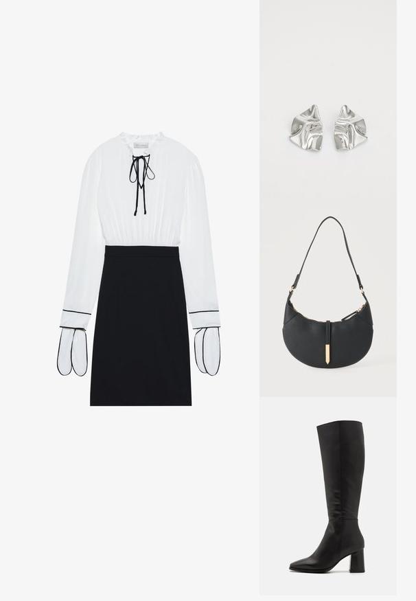Witte blouse met een geplooide halslijn en trekkoord; zwarte fitted rok met contrasterende witte bies op de mouwen. Glad stoftextuur.; Zwarte laarzen tot de knie, gemaakt van soepel leer. Kenmerken een spitse neus en een robuuste, gestructureerde blokhak. Minimale stikdetails.; Zwarte handtas in halve maanvorm met een enkele band, gouden rits en een gouden rechthoekige decoratieve tab aan de voorkant.; Zilveren metalen oorbellen met een golvend, sculpturaal ontwerp, voorzien van een gepolijste afwerking en onregelmatige vormen, die een hedendaagse esthetiek benadrukken.