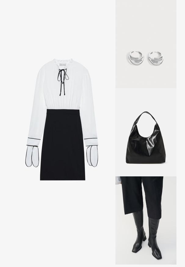 Weiße Bluse mit gerafftem Ausschnitt und Kordelzug; schwarze, taillierte Rock mit kontrastierendem weißen Piping an den Ärmeln. Glatte Stoffstruktur.; Schwarze Lederstiefel bis zum Knie mit quadratem Zehen und Blockabsatz. Mit einem seitlichen Reißverschluss und glatter Textur.; Schwarze Leder-Hobo-Tasche mit einer weichen, glänzenden Textur und einem runden, offenen Oberteil. Verfügt über einen breiten, gebogenen Tragegurt. Keine sichtbaren Beschläge.; Paar polierte silberne Creolen mit geschichtetem, gebogenem Stabdesign auf einem einfarbigen hellen Hintergrund.