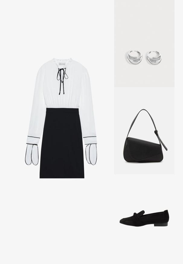 Blouse blanche avec un col froncé et un cordon de serrage ; jupe noire ajustée avec des passepoils blancs contrastants sur les manches. Texture de tissu lisse.; Chaussure plate en suède noir avec un détail noué à l'extrémité, texture lisse, forme pointue et talon bas rectangulaire.; Sac à main en cuir noir de forme triangulaire, avec un rabat incliné et une poignée supérieure arrondie. Il présente une texture lisse et des détails de design minimalistes.; Paire de boucles d'oreilles anneaux en argent poli avec un design de barre incurvée superposée sur un fond clair uni.