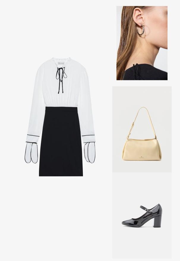 Witte blouse met een geplooide halslijn en trekkoord; zwarte fitted rok met contrasterende witte bies op de mouwen. Glad stoftextuur.; Zwarte gepatineerde leren hoge hak met een ronde neus, enkelbandje en een blokhak. Glanzende afwerking met een gladde textuur.; Beige rechthoekige schoudertas met verstelbare riem en ritssluiting, met een klein "Anna Field" logo middenvoor.; Zilveren oorbel met een gepolijste afwerking, met kleine gouden accentdetails en een ronde vorm, gedragen op de oorlel.