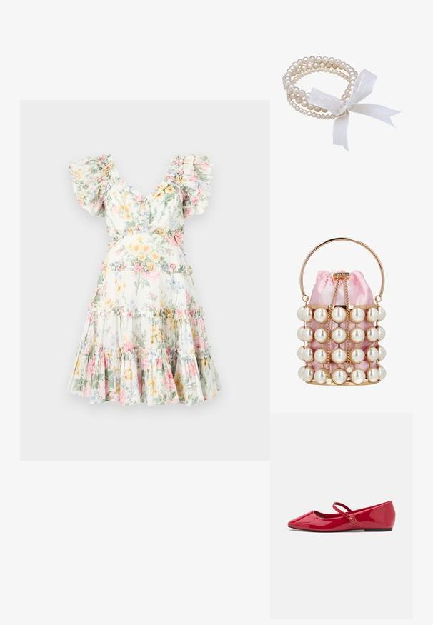 Vestido floral en tejido ligero, con mangas rizadas, escote en V profundo y falda de volantes con flores en tonos pastel y acentos de volantes a juego.; Zapatillas tipo ballet de charol rojo con punta puntiaguda, correa en el tobillo y pequeño adorno redondo en la correa. Suela plana y textura suave.; Bolso pequeño tipo cubo de satén rosa con marco dorado, perlas grandes falsas, cordón de cadena dorada y asa redonda dorada.; Pulsera de perlas blancas con múltiples hilos, que presenta perlas de diferentes tamaños. Atada con un lazo de cinta blanca transparente.