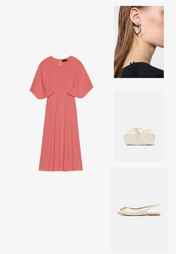 Koraalrood jurk met korte, brede mouwen, een ronde halslijn en een geplooide rok. Gemaakt van lichte stof met een gladde textuur.; Witte leren slingback ballerina's met een puntige neus en een grote gouden ovale accent met rhinestones aan de voorkant. Platte tan kleurige zool.; Zachte, crèmekleurige leren clutch met geplooid, gerimpeld ontwerp en een dunne schouderriem die vooraan op een effen achtergrond ligt.; Zilveren oorbel met een gepolijste afwerking, met kleine gouden accentdetails en een ronde vorm, gedragen op de oorlel.