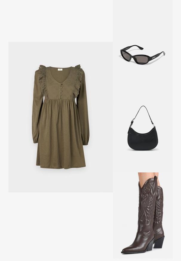 Robe vert olive avec de longues manches bouffantes, dentelle aux épaules, décolleté en V et fermeture à boutons sur le devant. Tissu doux avec taille froncée.; Bottes de cowboy en cuir brun foncé montant jusqu'aux genoux, avec bouts pointus, coutures décoratives et talons blocs inclinés portées par une personne.; Lunettes de soleil noires avec une monture rectangulaire, des verres sombres, un matériau plastique lisse et un accent métallique sur la branche.; Sac hobo noir en cuir lisse avec une silhouette arrondie, doté d'une seule sangle ajustable et de détails de design minimalistes.