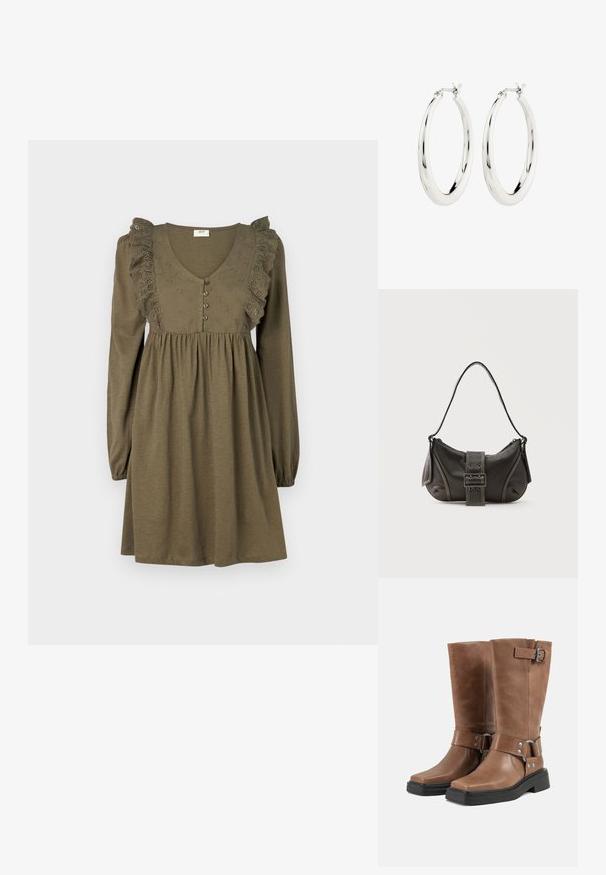Olivengrünes Kleid mit langen Puffärmeln, Spitzenbesatz an den Schultern, V-Ausschnitt und frontaler Knopfverschluss. Weiches Material mit gerafftem Taillenbereich.; Paar braune Lederstiefel bis zur Mitte der Wade mit schwarzen klobigen Sohlen, seitlichen Riemen mit Metallschnallen und Nieten sowie eckigen Zehen.; Schwarze Leder-Schultertasche mit Schnallengurt-Detail, abgerundeten Kanten und kontrastierenden weißen Nähten auf schlichtem Hintergrund.; Silberne Creolen mit einer glatten, glänzenden Oberfläche. Kreisform, ausgestattet mit einem sicheren Verschluss. Einfaches und elegantes Design.
