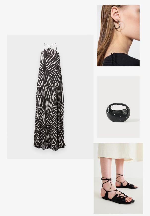 Robe longue sans manches imprimé zèbre noir et blanc, avec fines bretelles spaghetti et ourlet évasé.; Sandales plates en cuir noir avec un design entrecroisé et des liens à la cheville, présentant une texture lisse et un style ouvert aux orteils.; Sac à main en cuir noir de forme arrondie, décoré de clous argentés et équipé d'une poignée courte. Texture lisse et fermeture éclair.; Boucle d'oreille en argent avec une finition polie, présentant de petits détails en or et de forme ronde, portée sur le lobe.