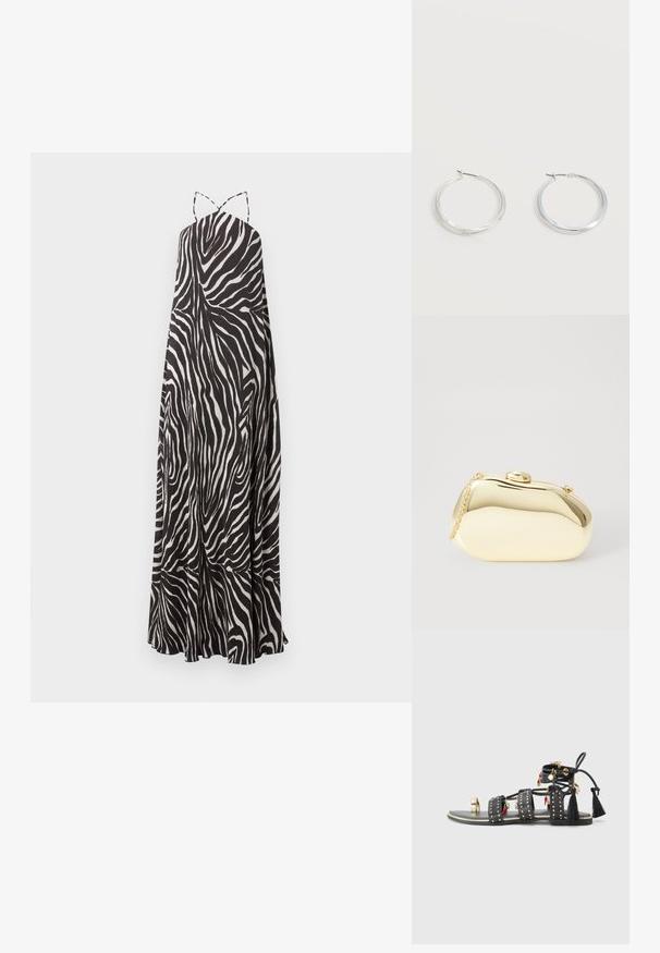Vestido maxi sin mangas con estampado de cebra en blanco y negro, con finas tiras de espagueti y dobladillo acampanado.; Sandalias de cuero negro con tres tiras anchas adornadas con tachuelas doradas, borlas decorativas y charms en rojo y verde. Suela plana con un acento dorado.; Clutch metálico dorado con una forma suave y redondeada, que presenta un cierre de botón en la parte superior y una pequeña correa de cadena para llevar.; Pendientes de aro de metal plateado con superficie lisa y ligeramente curvada y cierre de tipo mosquetón sobre un fondo blanco liso.