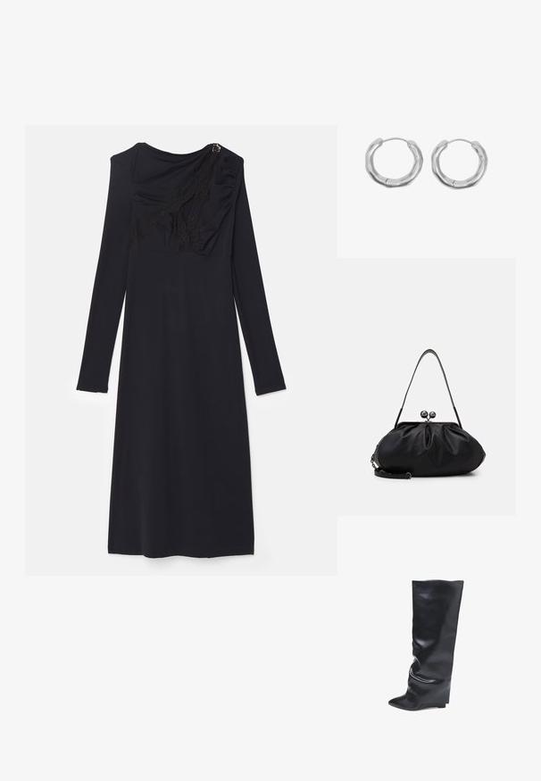 Vaillant LONG DRESS WITH ASYMMETRICAL CUT OUT - Cocktailjurk - noir; Bata Laarzen met sleehak - nero; Weekend Max Mara CUBICO - Clutch - schwarz; Set zilverkleurige oorringen met een gestructureerd, licht oneffen, afgerond ontwerp en dunne draadsluitingen.