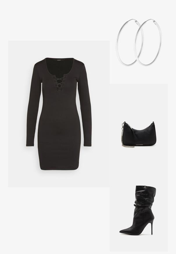 Vero Moda VMRIVA SHORT DRESS - Džersejové šaty - black; Even&Odd Wide Fit by Zalando Členkové čižmy na vysokom opätku - black; Čierna syntetická kabelka s zakriveným tvarom, strieborným reťazovým popruhom, zipsovým uzáverom a embosovaným logom značky na prednej strane. Hladký povrch.; Strieborné kruhové náušnice s hladkým, okrúhlym tvarom a lešteným povrchom. Obe náušnice sú rovnakej veľkosti a disponujú bezpečným uzatváracím mechanizmom.