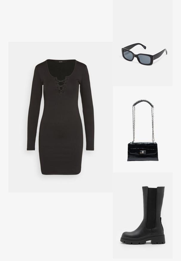 Vero Moda VMRIVA SHORT DRESS - Jerseykjole - black; ONLY SHOES ONLDOJA - Plateaustøvler - black; Sorte rektangulære solbriller med mørkt tonede linser, tyk plastramme og brede stænger. Glat overflade og kantet design.; Sort håndtaske i krokodilletekstureret læder med sølvfarvet drejelås og lang sølvkæde med læder skulderpude.