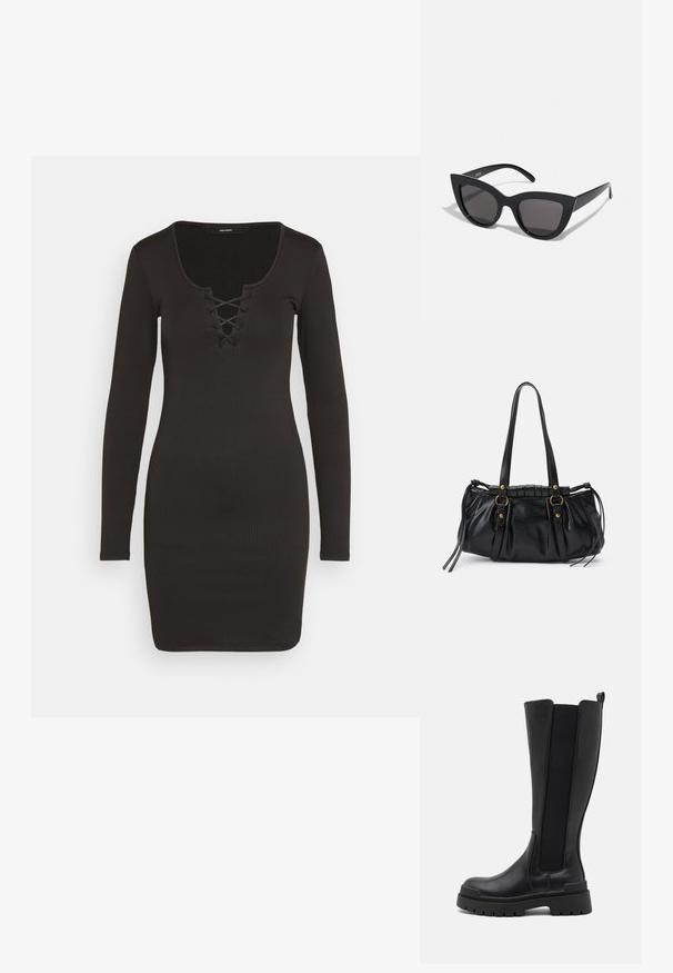 Vero Moda VMRIVA SHORT DRESS - Jerseykleid - black; Even&Odd Plateaustiefel - black; Schwarze Cat-Eye-Sonnenbrille mit matter Oberfläche, grauen getönten Gläsern, scharfen Kanten und schlanken Bügeln. Der Markenname ist auf dem inneren Bügel sichtbar.; Schwarze Lederhandtasche mit runder Form, doppelten Griffen, dekorativen Hardware-Details und seitlichen Bindebändern. Glatte, glänzende Textur.