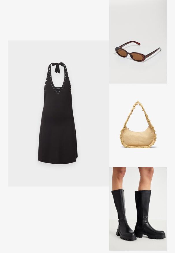 Schwarzes Neckholderkleid mit silbernem Ösenbesatz entlang des Halsausschnitts und an den Seiten, mit einer Schleife am Hals gebunden.; Schwarze kniehoge Stiefel aus glattem Kunstleder mit einer robusten Sohle, seitlichem Reißverschluss und einem runden Zehendesign.; Runde, braun getönte Sonnenbrillen mit einem glänzenden burgunderfarbenen Rahmen. Schlanke Bügel mit dezentem Branding. Flaches Linsendesign.; Texturierte beige Tasche mit runder Form, ausgefranstem Rand entlang der Kanten und einem kurzen Tragegriff. Mit einem Reißverschluss oben.