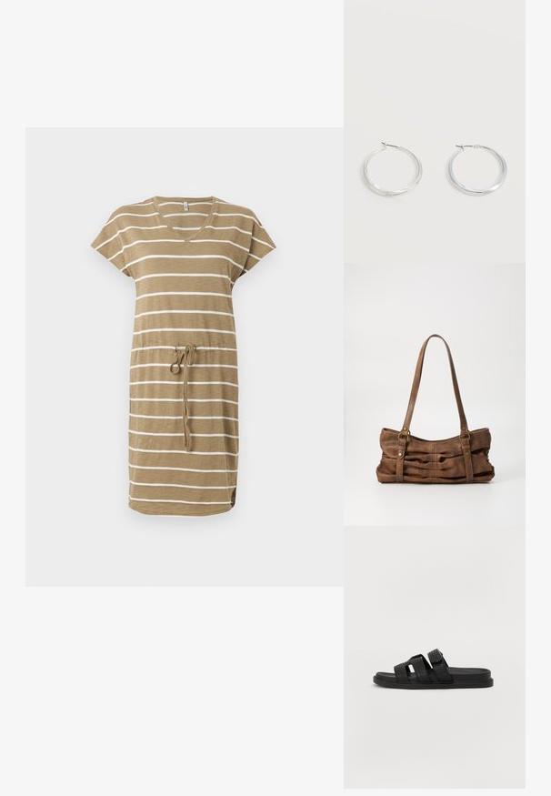 Robe à manches courtes à rayures horizontales beige et blanche, col en V et ceinture à la taille, longueur genou avec une petite fente latérale, présentée sur fond blanc.; Sandales noires à glissière avec trois sangles texturées, une semelle plate et un design minimaliste. La partie supérieure présente un motif tissé.; Even&Odd Sac à main - brown; Boucles d’oreilles créoles en métal argenté avec une surface lisse légèrement incurvée et des fermoirs à clapet sur un fond blanc uni.