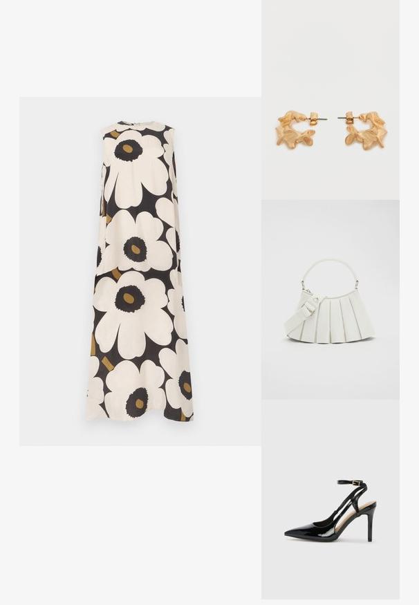 Vestido maxi sin mangas con estampado floral grande en blanco y negro y detalles marrones sobre fondo negro.; Zapato de charol negro de tacón alto, tipo slingback, con punta afilada, correa ajustable en el tobillo y lados abiertos. Textura lisa.; Lacoste LENGLEN BAG - Bolso de mano - cristalline; Pendientes de tono dorado con una forma abstracta y orgánica, que presentan una superficie texturizada y un cierre de poste trasero.