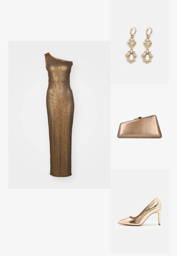 Gouden pailletten avondjurk met een schouderontwerp, aangesloten silhouet en lange lengte. Soepele textuur en glanzend oppervlak.; Gouden metallic hoge hakpomp met een spitse neus en een gladde textuur. Beschikt over een gesloten hiel en een slanke, elegante stilettoontwerp.; Glanzend metallic beige clutchtas met een hoekige trapeziumvorm en een kleine rechthoekige sluiting aan de bovenkant, weergegeven tegen een witte achtergrond.; Gouden hangoorbellen met een clusterontwerp, versierd met ronde en druppelvormige heldere kristallen, die zich kenmerken door ingewikkelde details.