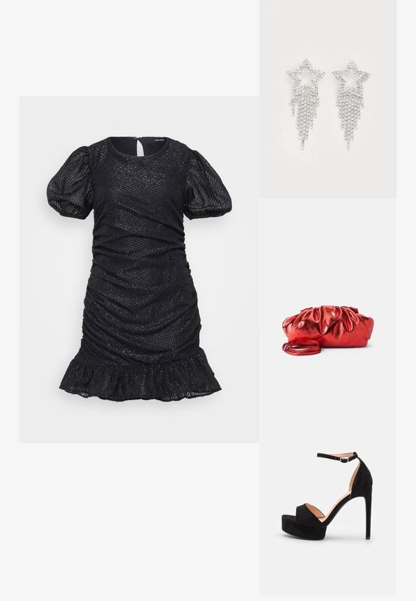 Robe noire courte avec des manches bouffantes, texture froncée et ourlet à volants. Elle présente un matériau brillant avec un motif subtil et un dos en trou de serrure.; Sandale à talons hauts en daim noir avec une semelle compensée, bride de cheville avec quincaillerie en argent, design à bout ouvert et texture lisse.; Sac à main métallique rouge au design froncé et bouffant. Il possède une longue bandoulière fine et une texture lisse et brillante.; Boucles d'oreilles en strass en forme d'étoile avec des détails de franges en cascade, présentant une teinte argentée et une surface brillante et réfléchissante. Forme d'étoile avec un design complexe.